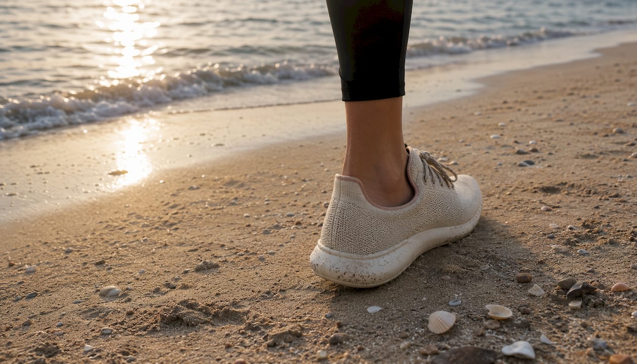Detailaufnahme: Ein Fuß in einem Barfußschuh steht auf Kunstrasen.