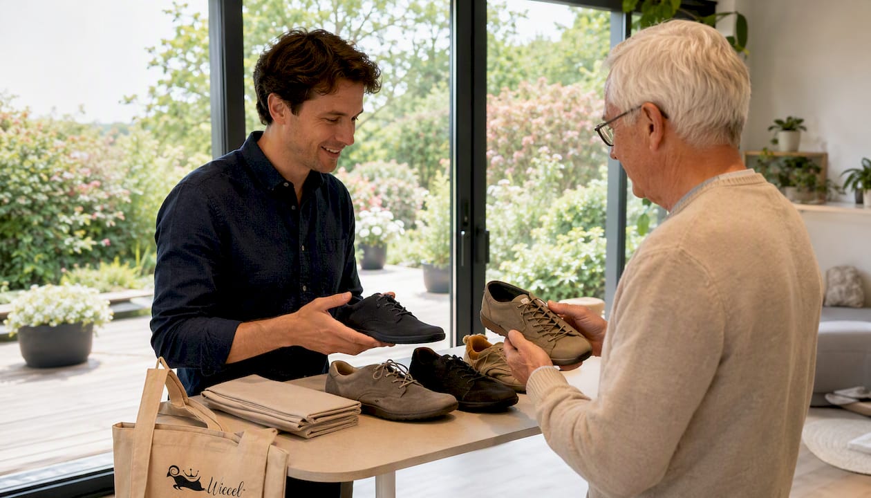 Ein Fachberater informiert einen Kunden ausführlich über die Vorteile orthopädischer Barfußschuhe.