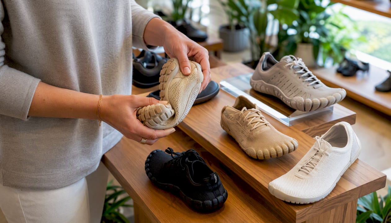 Mit den Händen die Materialien von Barfußschuhen auf ihre Qualität prüfen