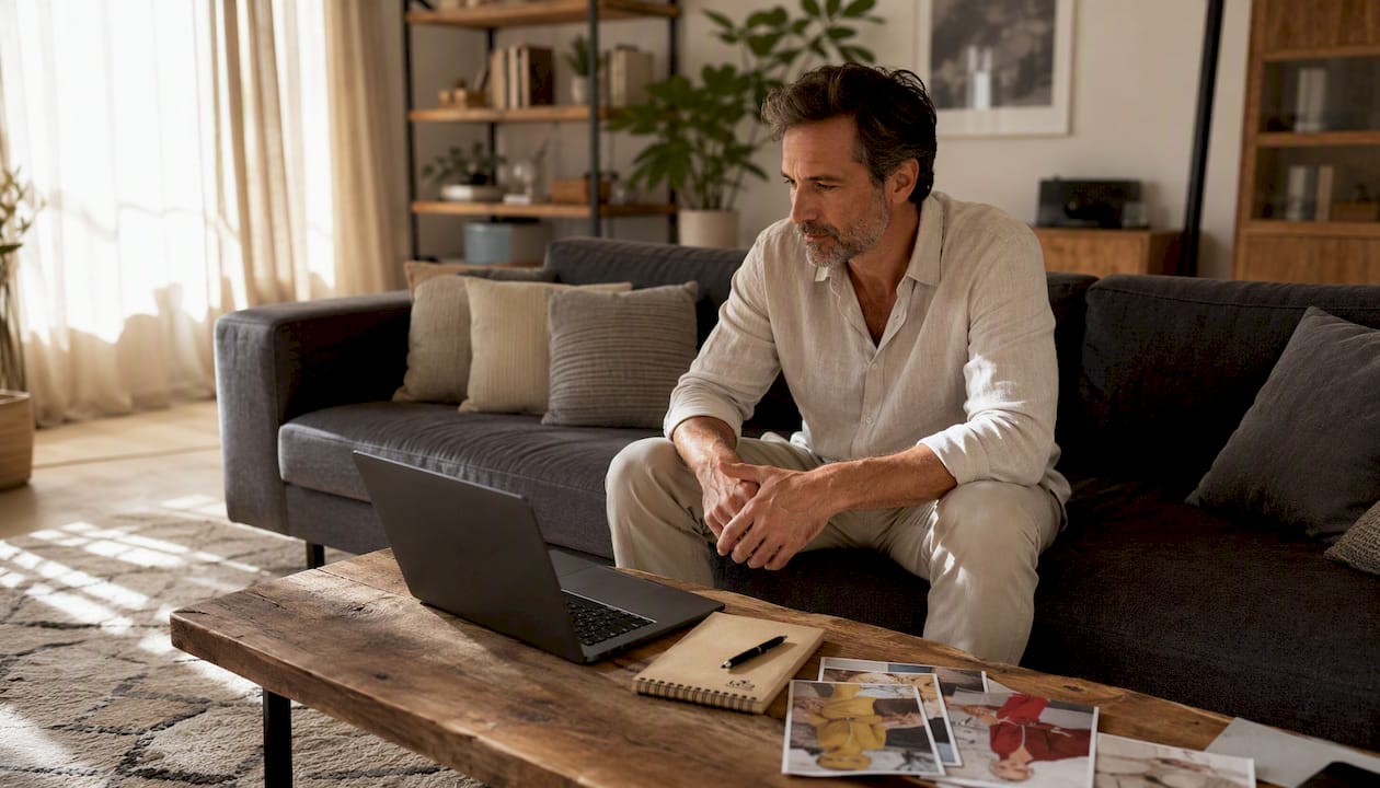 Ein Mann sitzt entspannt auf dem Sofa und arbeitet am Laptop.