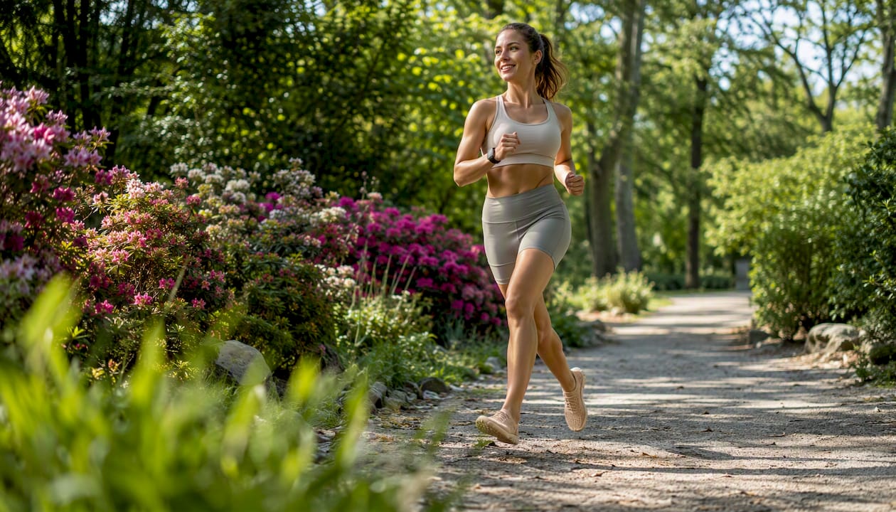 Eine Frau läuft mit ihren Vivobarefoot-Barfußschuhen durch den Wald.