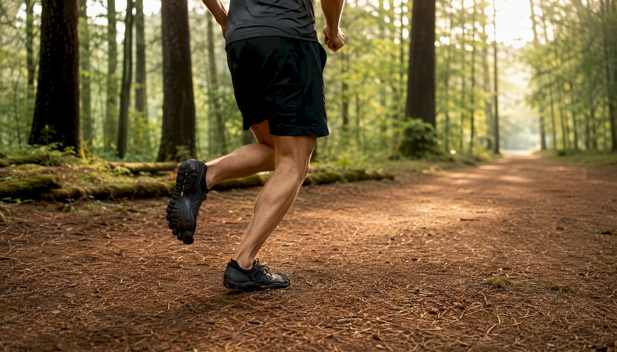 Ein Läufer in Bewegung, der flexible Barfuß-Trailschuhe trägt.