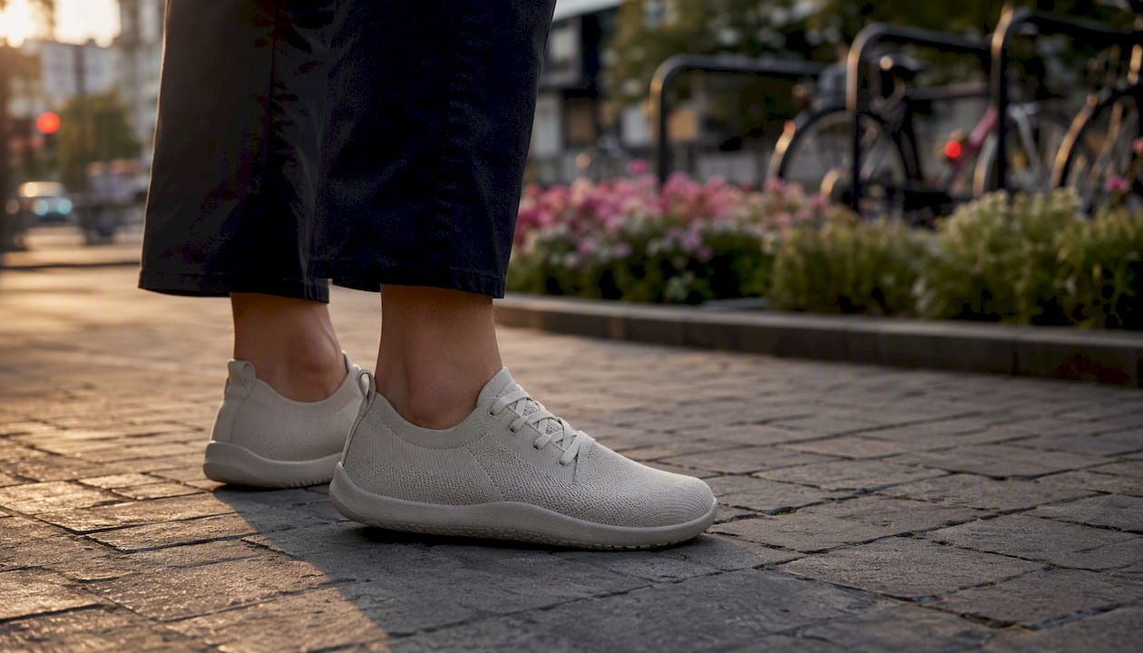 Eine Person schnürt die Schnürsenkel ihrer bequemen Sneaker mit breiter Zehenbox.