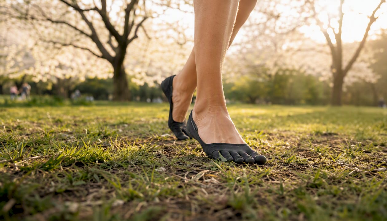 Mit Barfußschuhen entspannt durch den Park spazieren und den Boden unter den Füßen spüren.