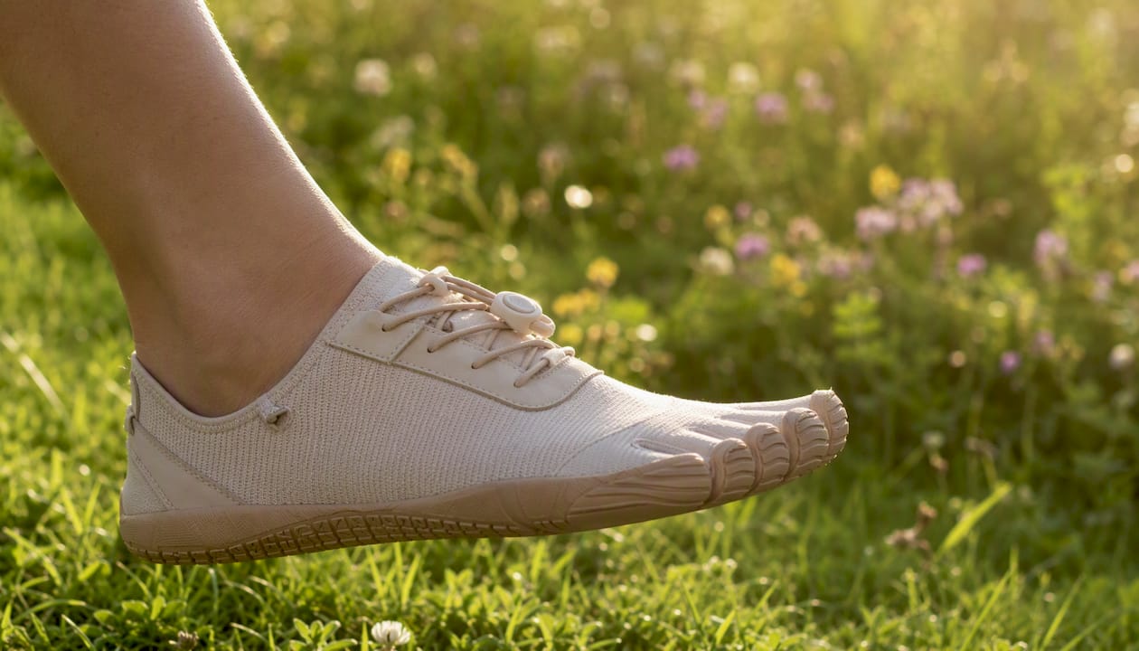 Ein Fuß in einem Barfußschuh mit großzügigem Zehenbereich.