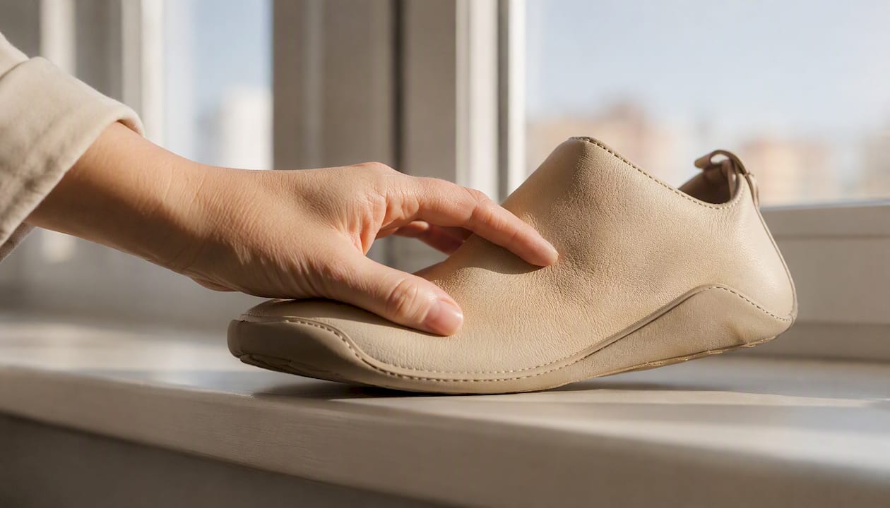 Eine Hand fühlt das atmungsaktive Leder eines Barfußschuhs.