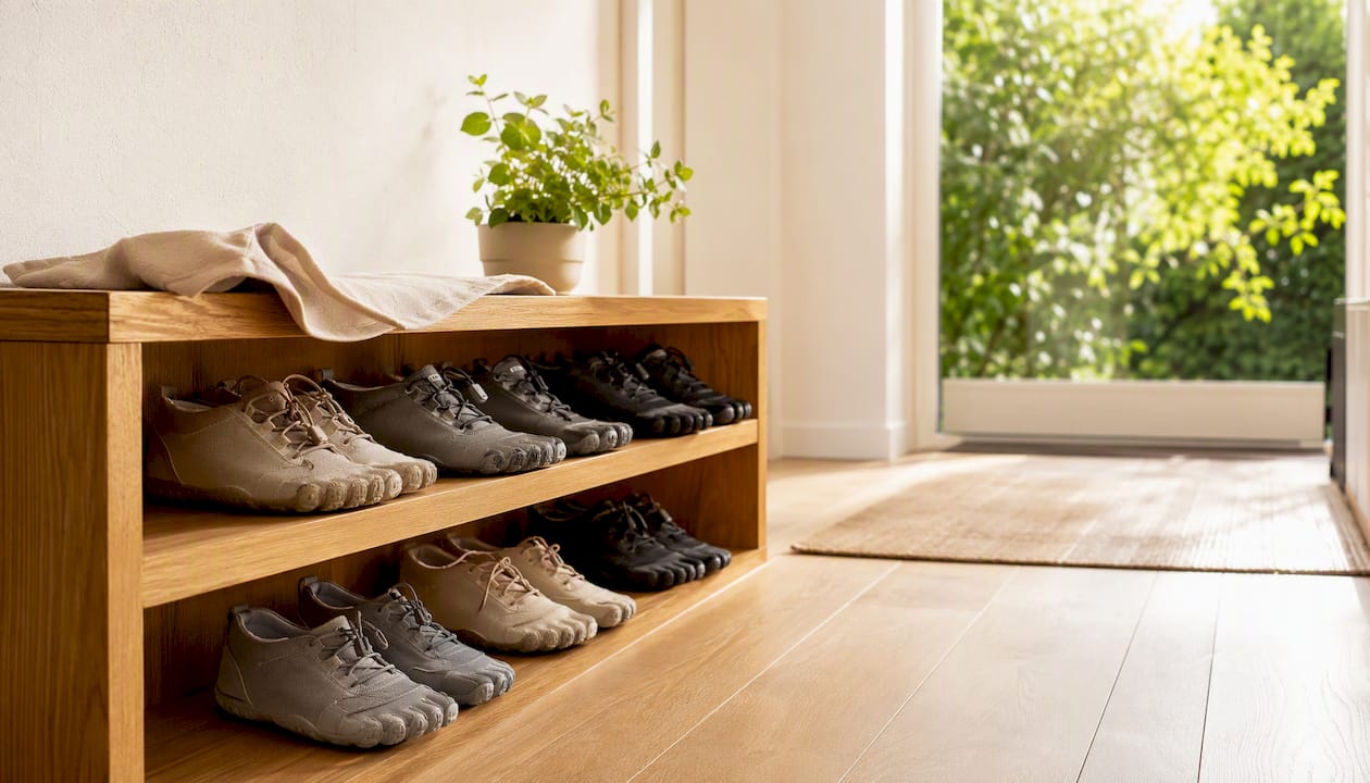 Barfußschuhe stehen auf dem Trockengestell und werden von der Sonne gewärmt.