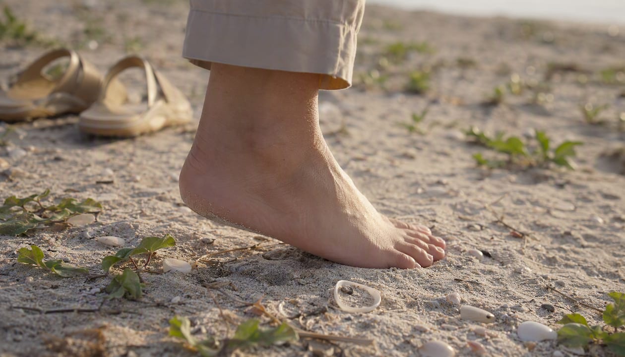 Ein Fuß in einem Barfußschuh läuft über den weichen, moosbedeckten Waldboden.