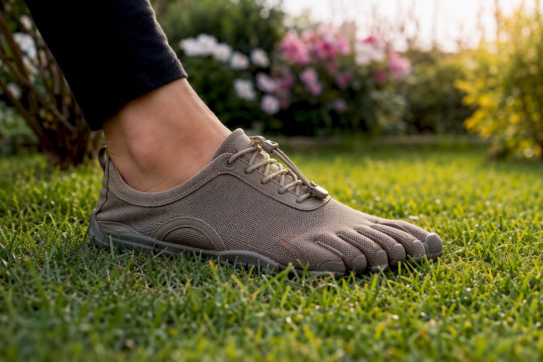 Ein Fuß in einem flexiblen Barfußschuh mit großzügigem Zehenbereich
