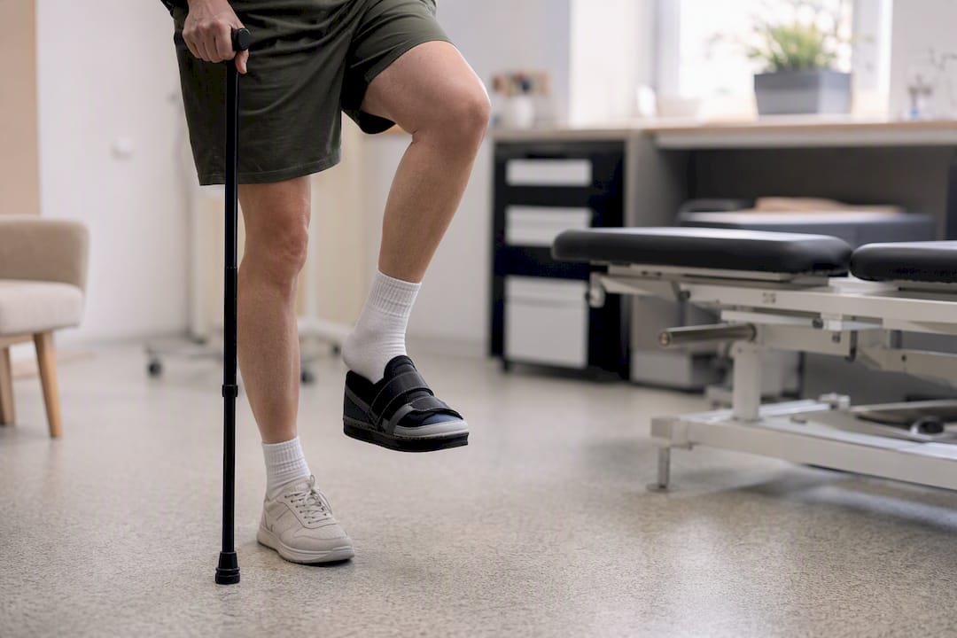 Patient nutzt Gehhilfe und postoperativen Schuh