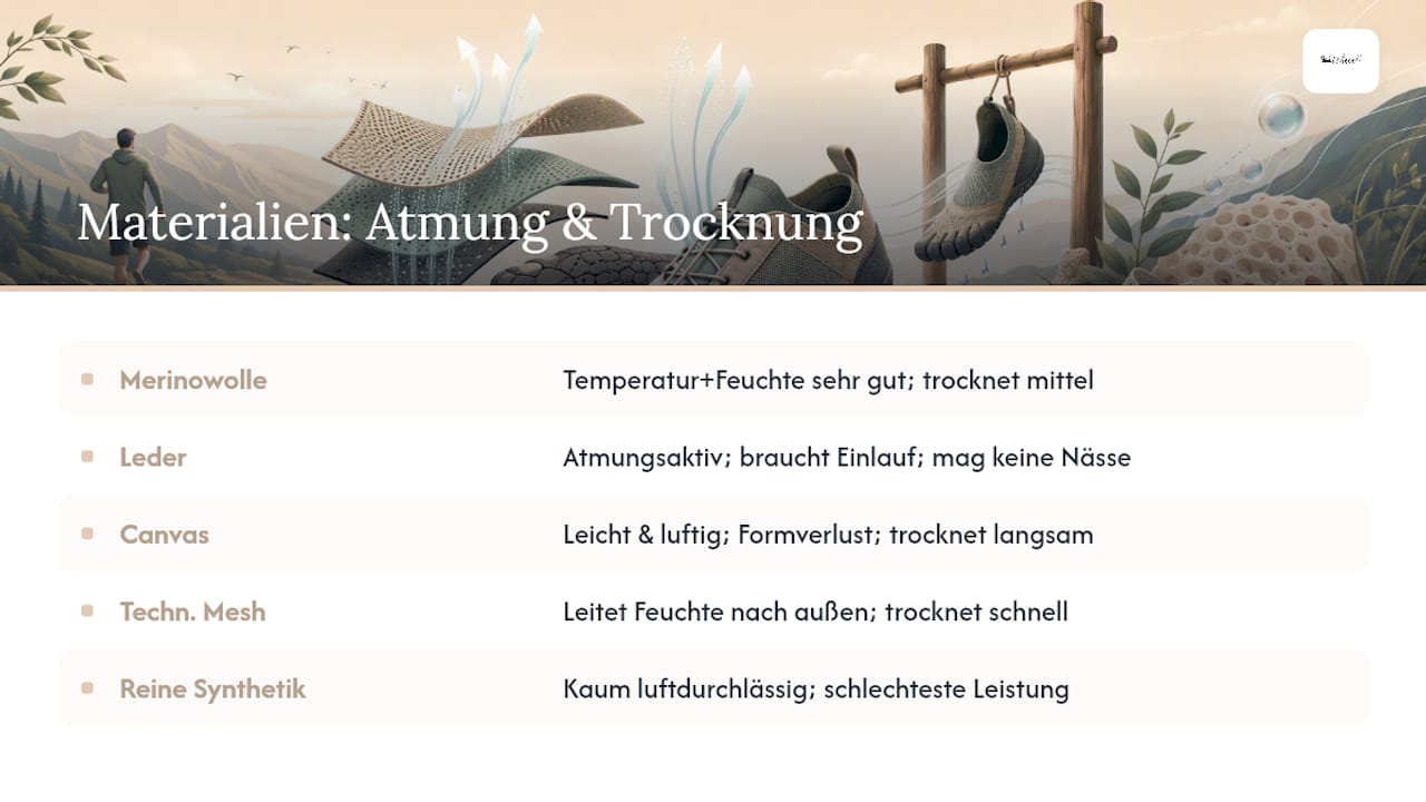 Diagramm zum Vergleich der Atmungsaktivität und Feuchtigkeitsregulierung verschiedener Barfußschuh-Materialien