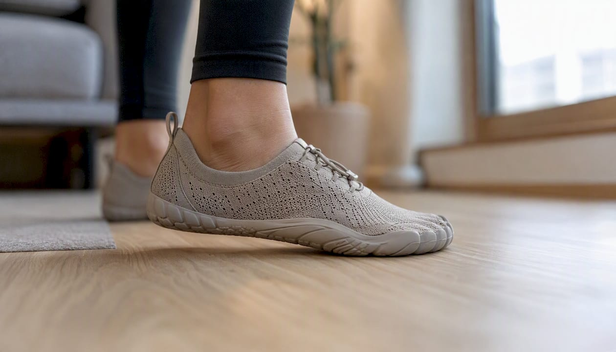 Füße in flexiblen Barfußschuhen in Innenräumen