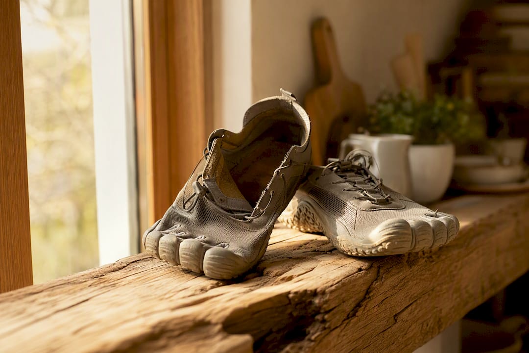 Barfußschuhe trocknen am offenen Fenster
