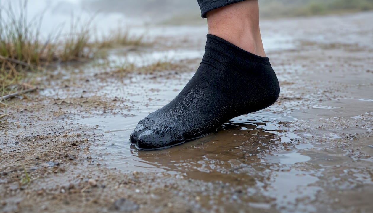 Fuß mit wasserdichten Socken auf nassem Gras