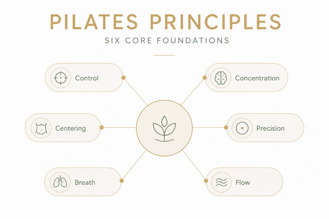 Infographic showing six core Pilates principles