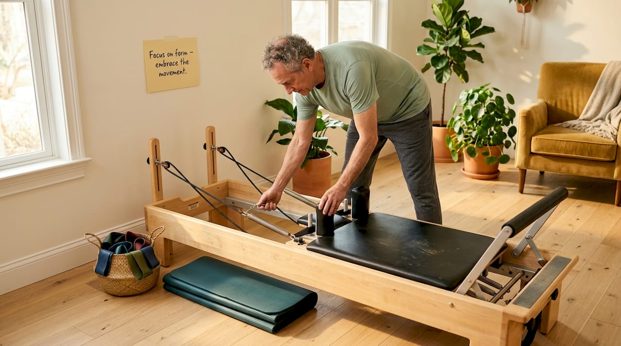 Man adjusting mini reformer for Pilates