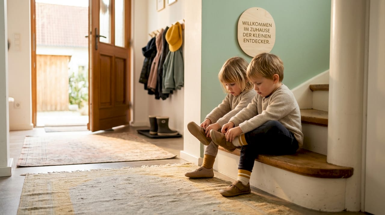 Wenn Kinder Treppen steigen, tragen sie gerne flexible Schuhe, die sich gut anpassen.
