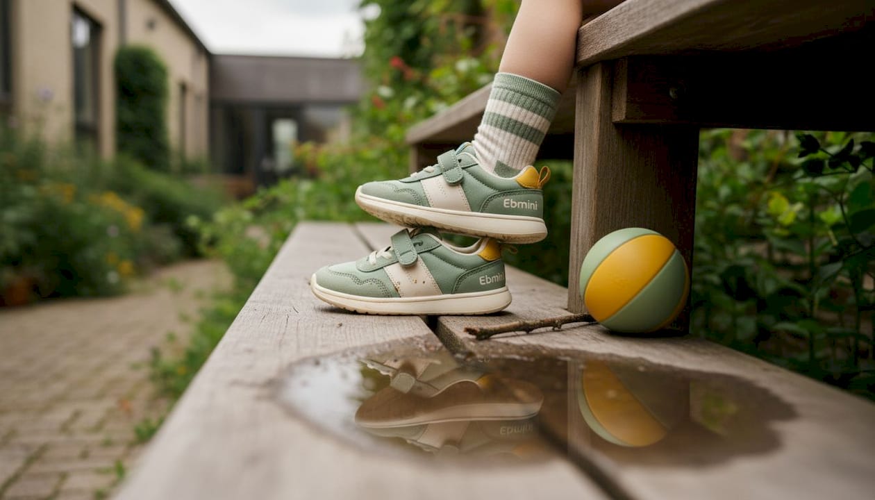 Barfuß-Sneaker für Kinder auf einer Holzbank