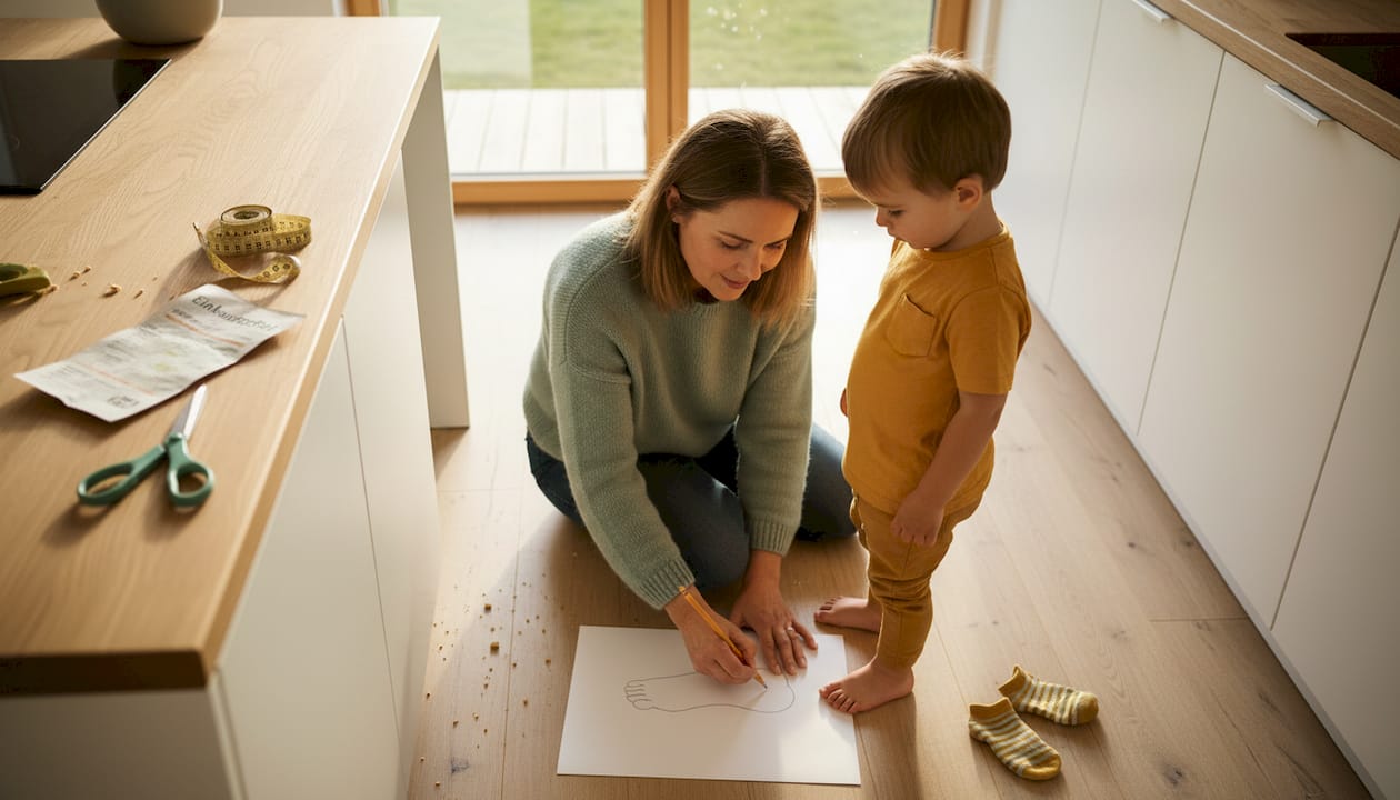 Eine Mutter zeichnet am Küchentisch den Fuß ihres Kindes auf ein Blatt Papier, um die richtige Schuhgröße zu ermitteln.