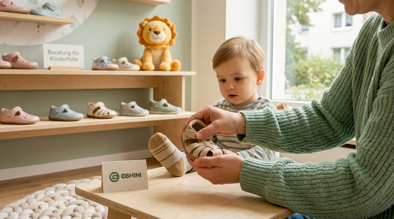 Ein Elternteil prüft im Schuhgeschäft, wie flexibel die Sandale für das Kind ist, indem er sie in der Hand leicht biegt.