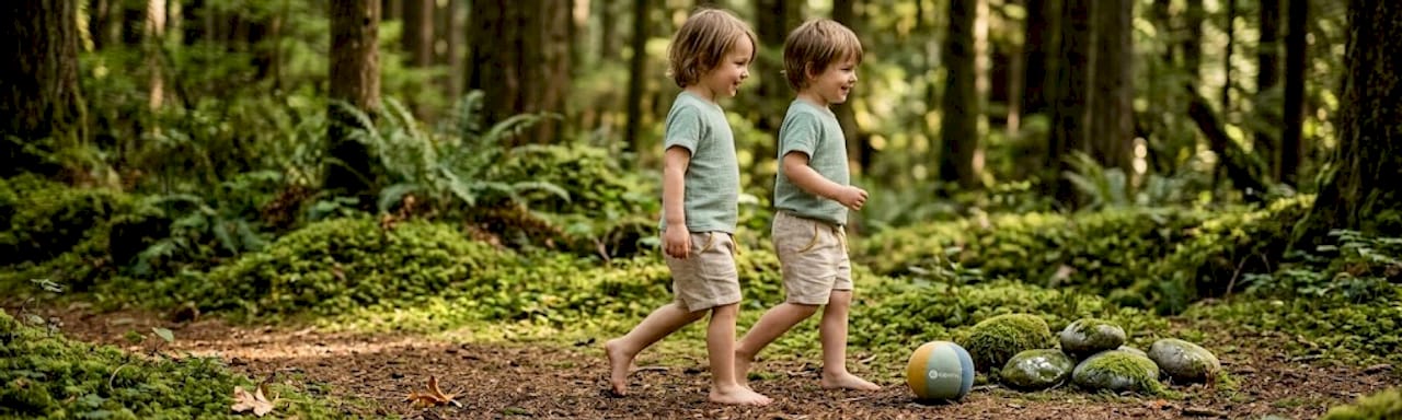 Ein Kind läuft mit Barfußschuhen über einen Grasweg im Park.