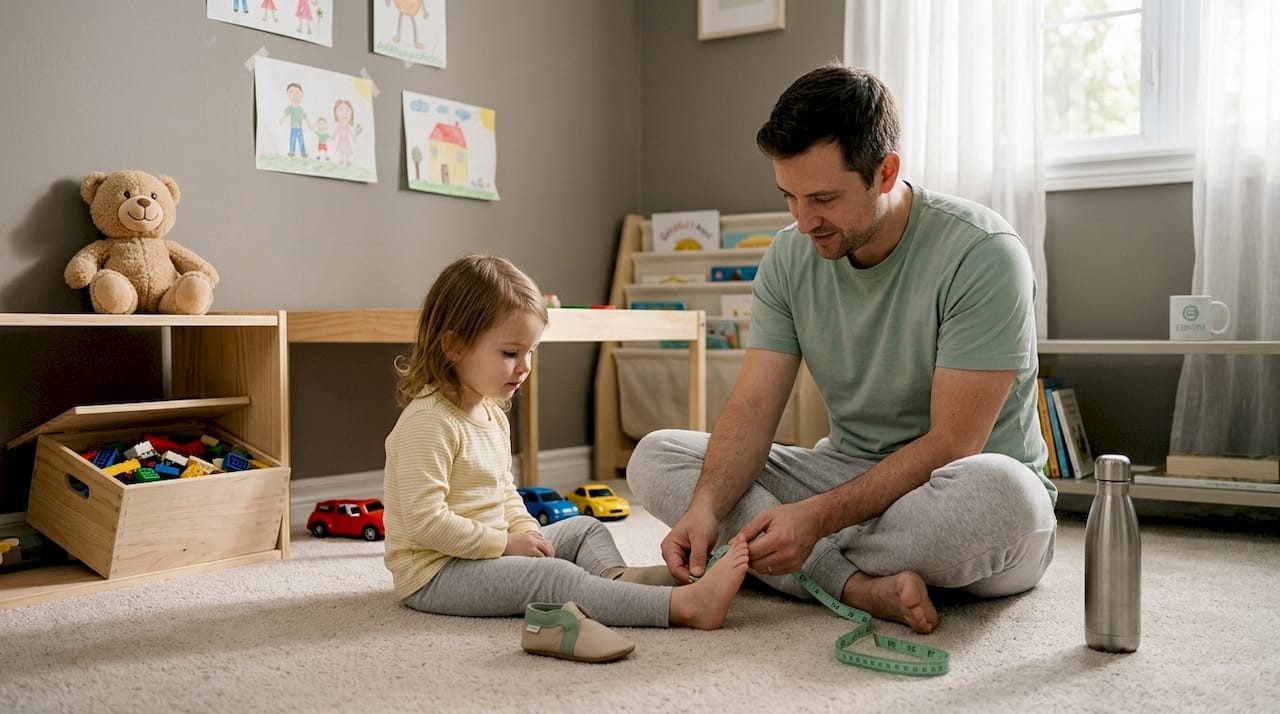 Ein Vater überprüft die Schuhgröße seiner Tochter, indem er ihren Fuß misst, damit die neuen Schuhe perfekt passen.
