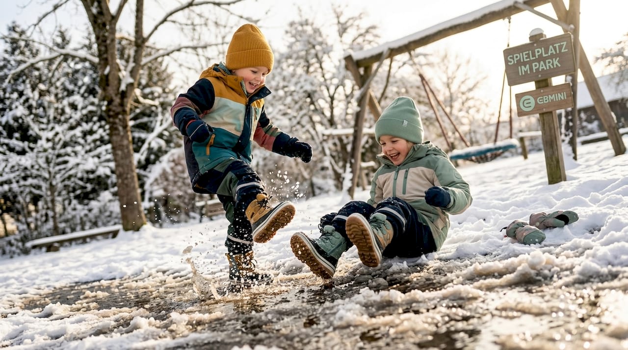 Kinder toben in robusten Winterschuhen mit doppelter Sohle durch den Schnee.