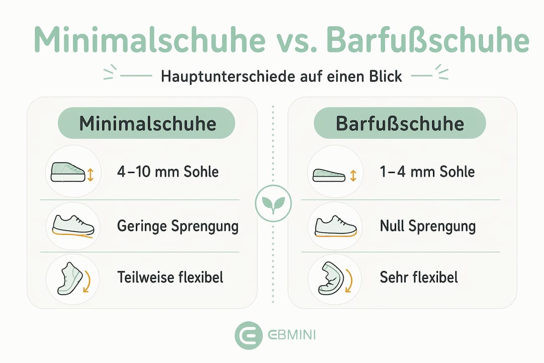 Übersicht der wichtigsten Unterschiede zwischen Minimalschuhen und Barfußschuhen – als Infografik
