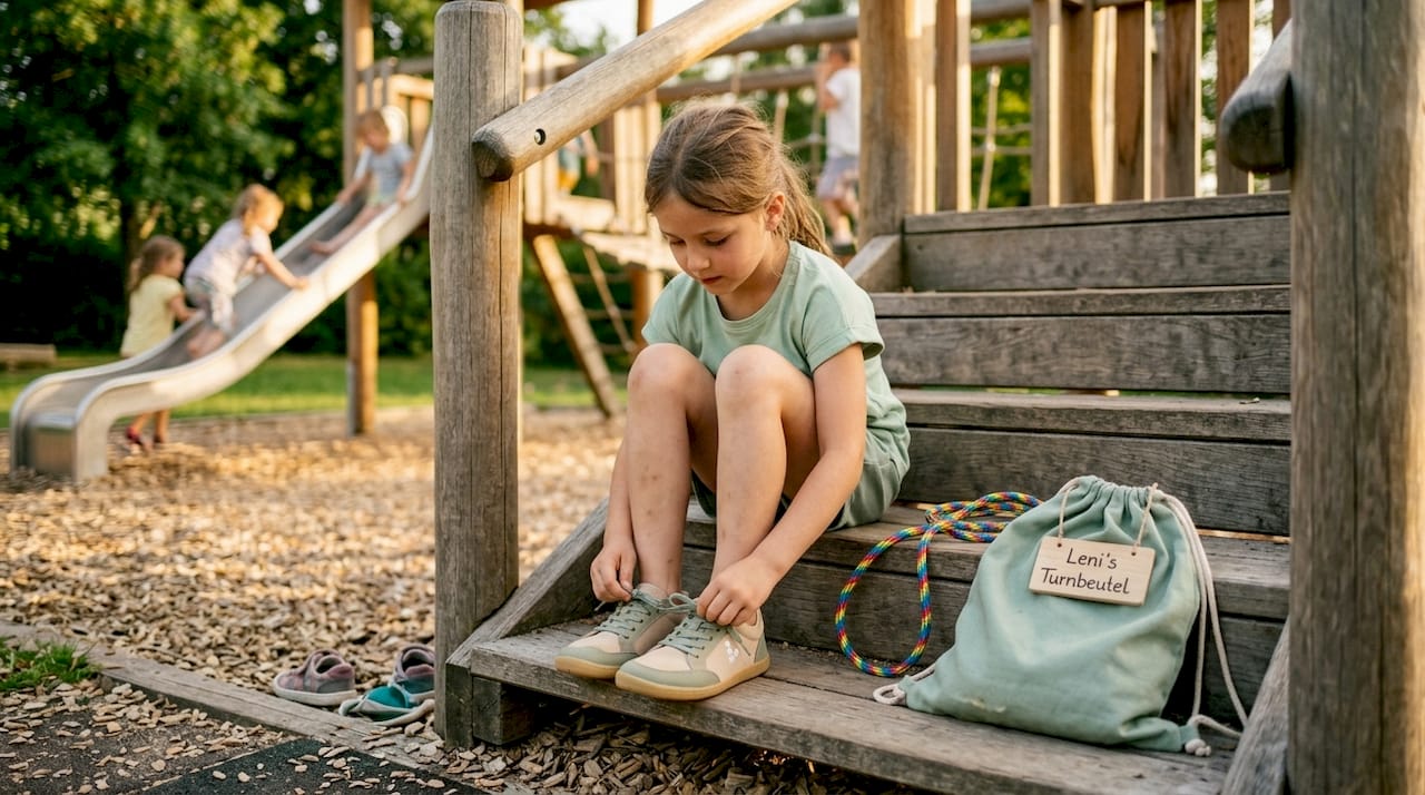 Ein Mädchen bindet ihre Sneaker mit extra breiter Zehenbox auf dem Spielplatz zu.