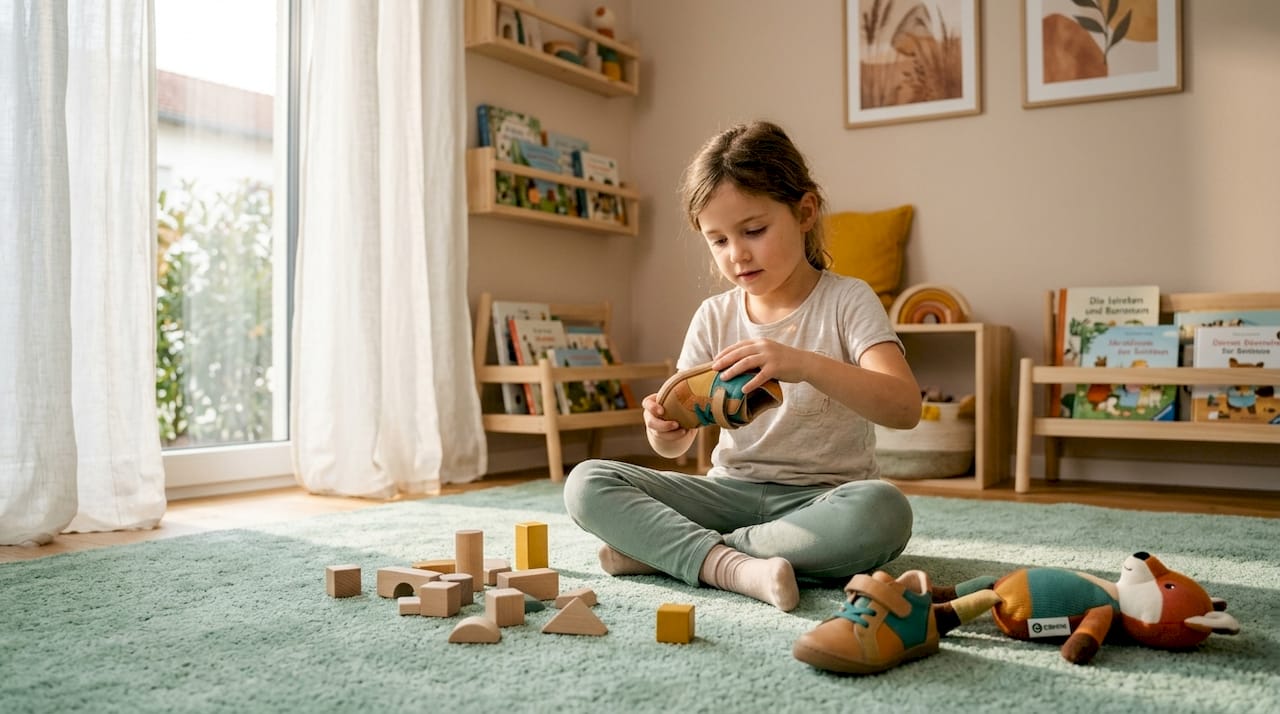 Ein Mädchen prüft die Biegsamkeit eines Kinderschuhs, indem sie ihn mit den Händen hin- und herbiegt.