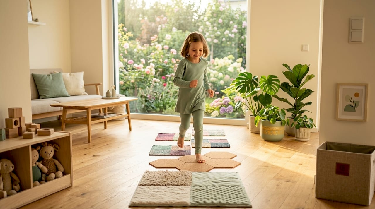 Ein selbstgemachter Barfußweg für Kinder im Wohnzimmer – so wird das Spielen drinnen zum Abenteuer! Verschiedene Materialien wie Teppich, Kieselsteine oder Watte laden dazu ein, mit den Füßen zu fühlen und zu entdecken. Ideal für graue Tage oder einfach zwischendurch, um die Sinne spielerisch zu fördern.