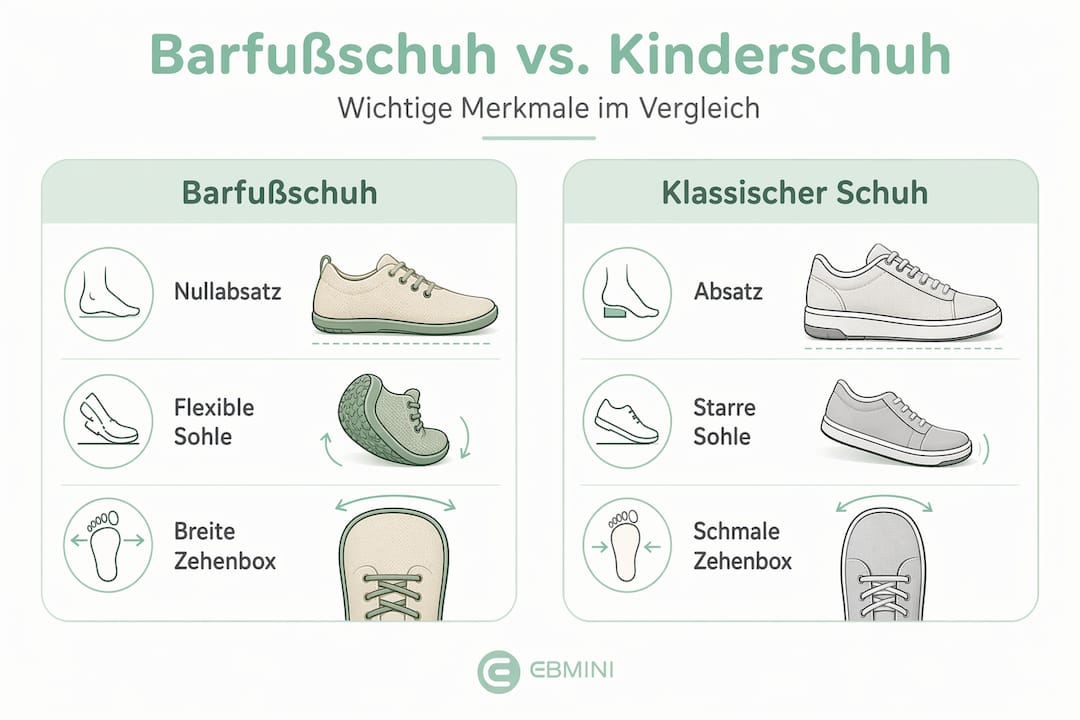 Infografik: Barfußschuhe vs. klassische Kinderschuhe – ein Vergleich