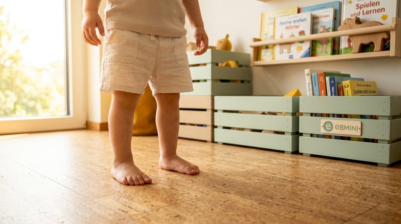 Barfüßige Kinderfüße tapsen über die Korkmatte im Spielzimmer.