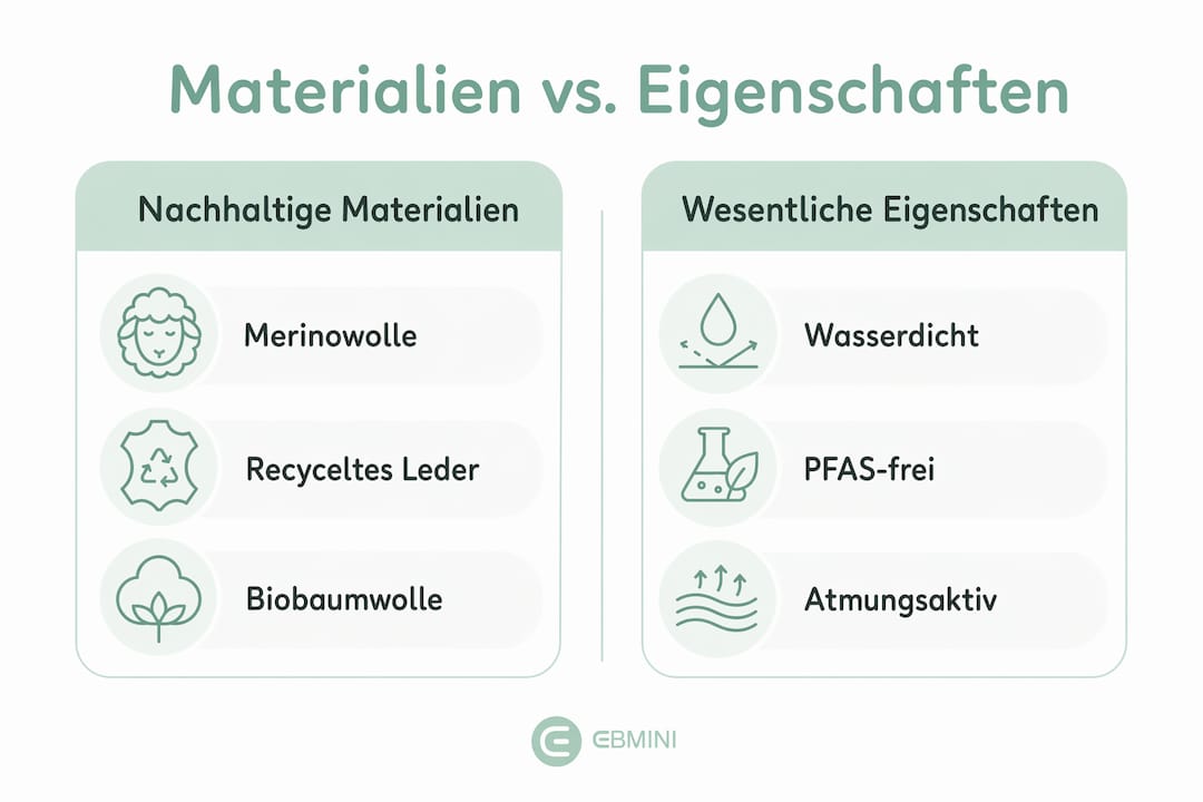 Infografik: Nachhaltige Materialien und die wichtigsten Eigenschaften wasserdichter Schuhe im Vergleich