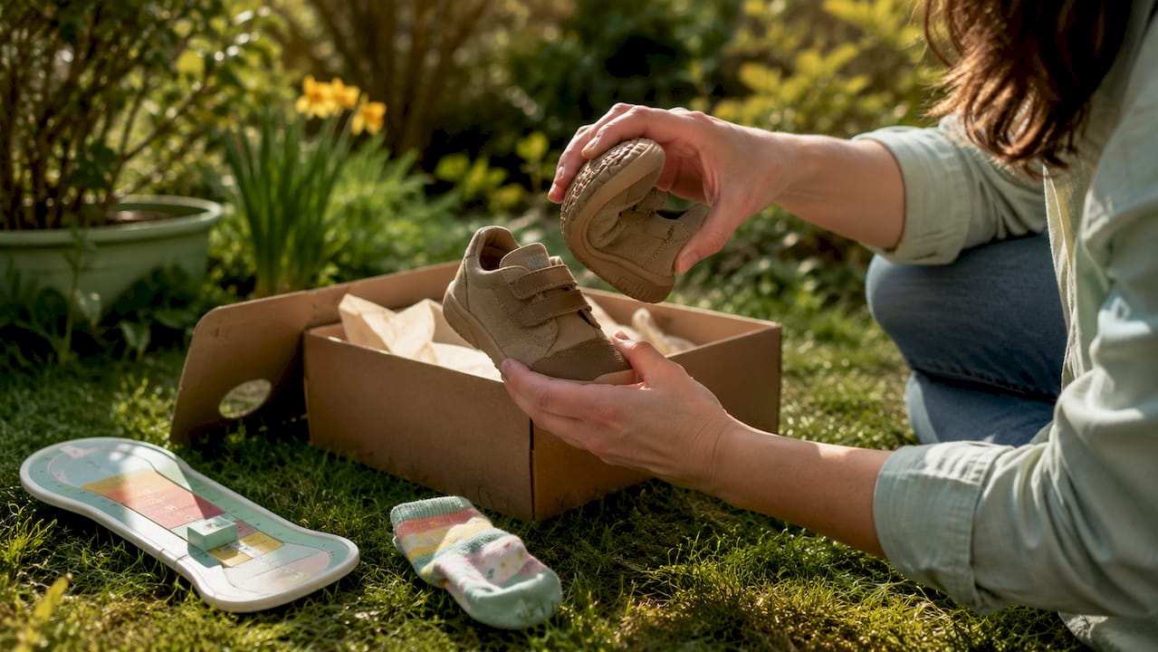Ein Paar Hände biegt einen flexiblen Kinderschuh über ein Fußmessgerät, um die Passform zu überprüfen.