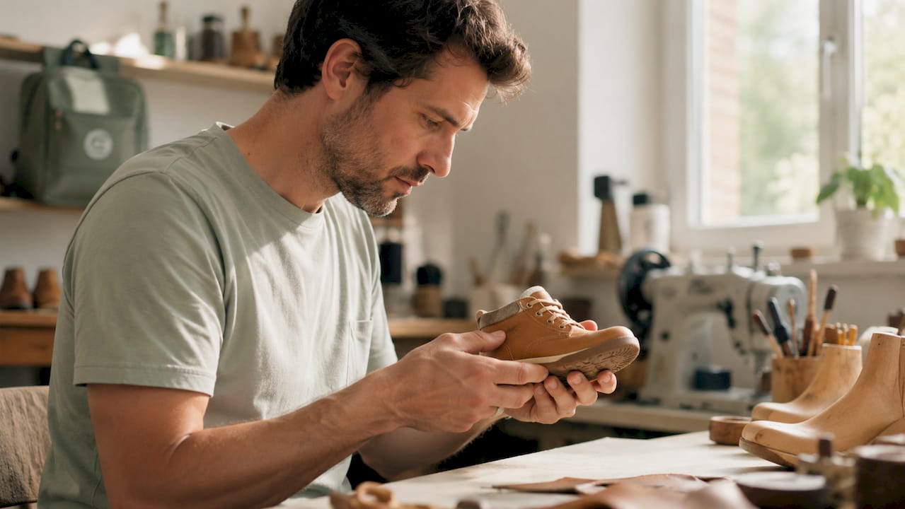 Ein Schuhmacher begutachtet einen Lederschuh für Kinder.