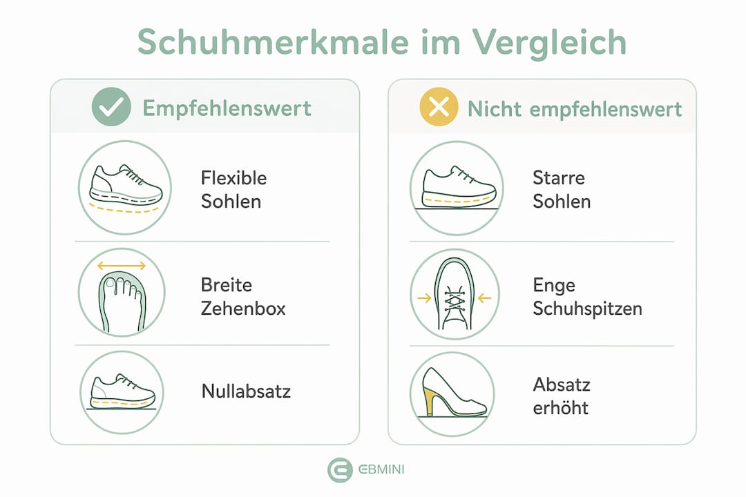 Infografik: Gegenüberstellung von empfehlenswerten und weniger geeigneten Schuhmerkmalen