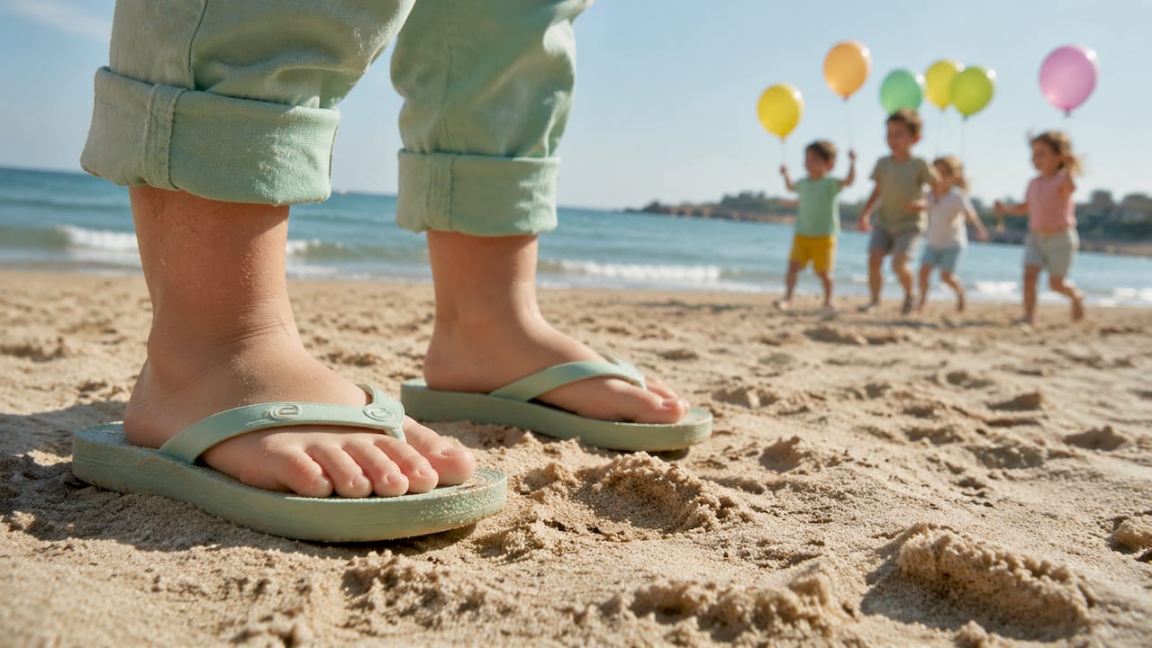 Kleine Füße in bequemen Zehentrennern, die am Strand herumtollen