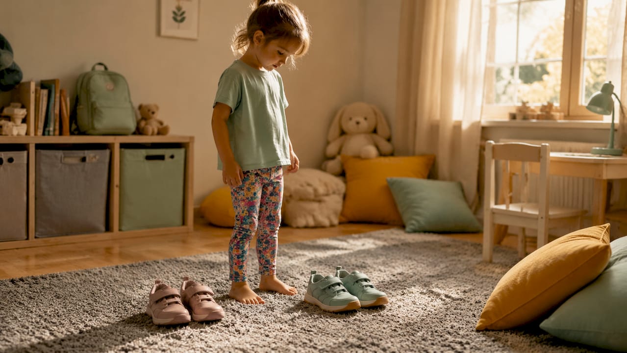 Kinderfüße aus nächster Nähe, daneben stehen sowohl breite als auch schmale Schuhe.