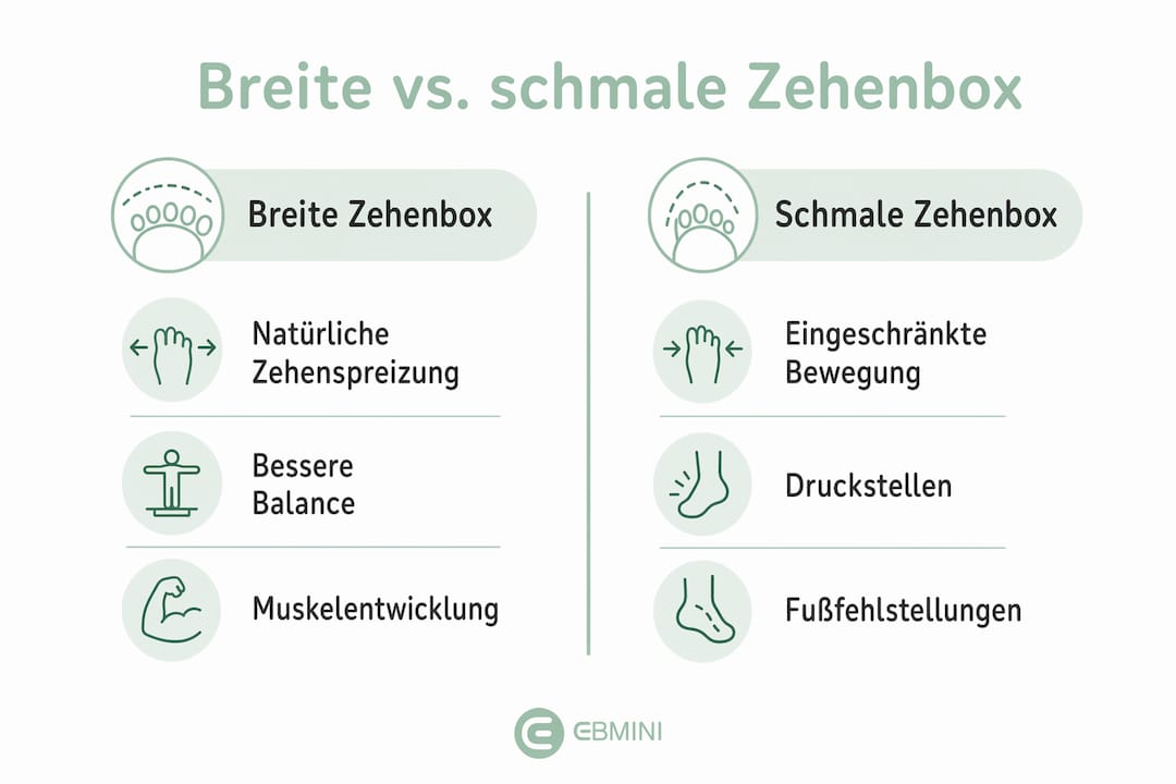 Infografik: Breite vs. schmale Zehenbox – Was ist besser für Kinderfüße?