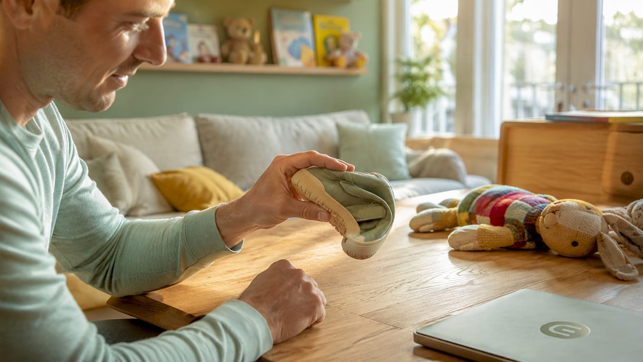 Mit den Händen wird die Flexibilität der Sohle eines Kinderschuhs geprüft.
