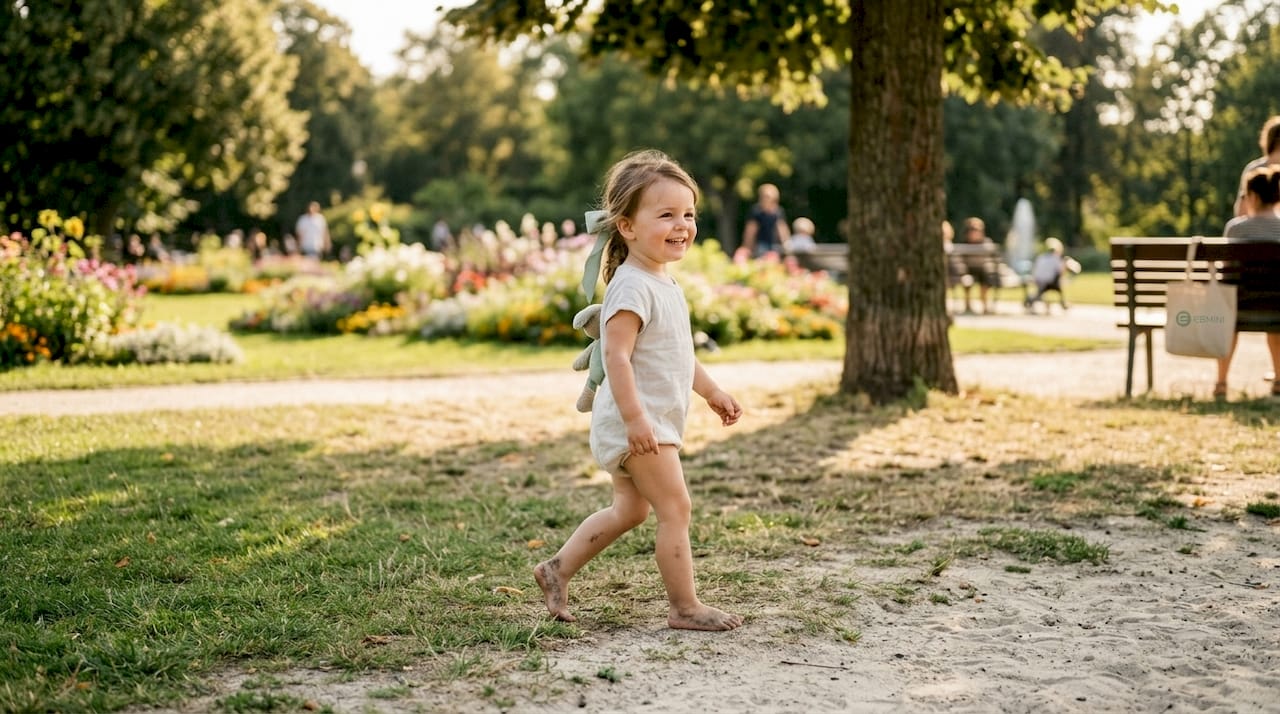 Ein Kind läuft barfuß über Wiese, Sand und Stein und entdeckt dabei ganz unterschiedliche Untergründe.
