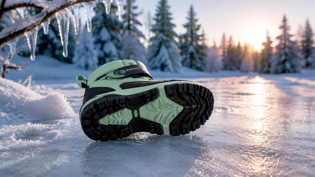 Nahaufnahme einer profilierten Schuhsohle, die sicheren Halt auf Schnee bietet