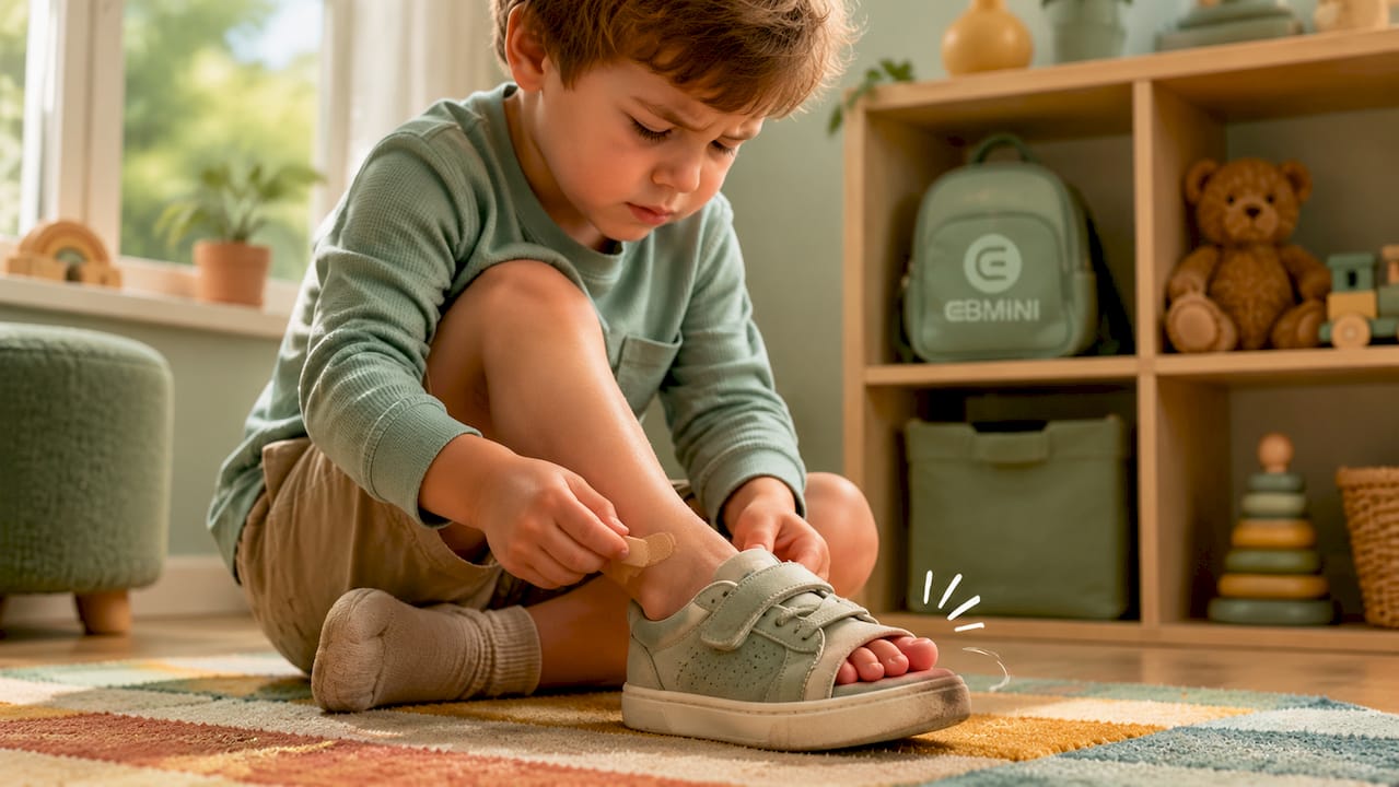 Ein Kinderfuß, eingezwängt in einen viel zu engen Schuh – eine Nahaufnahme zeigt deutlich, wie wenig Platz die kleinen Zehen haben.