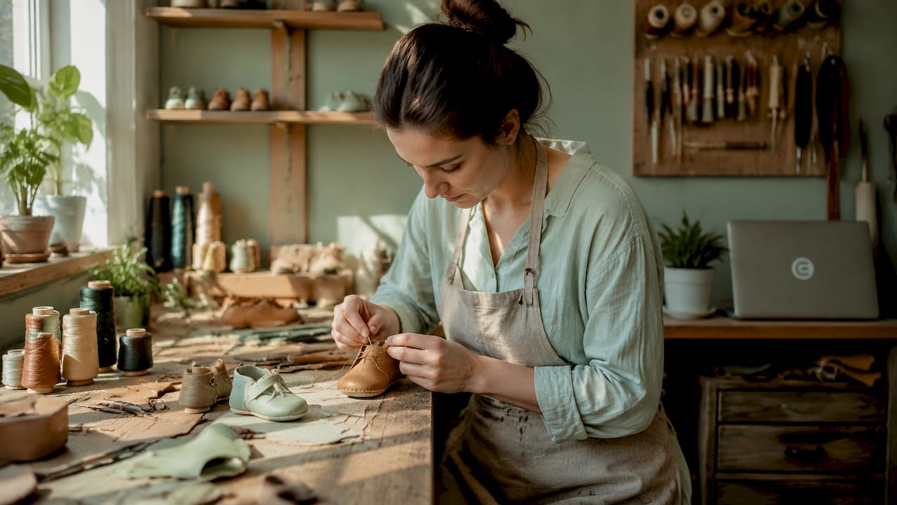 Ein Schuhmacher fertigt nachhaltige Schuhe in Handarbeit.