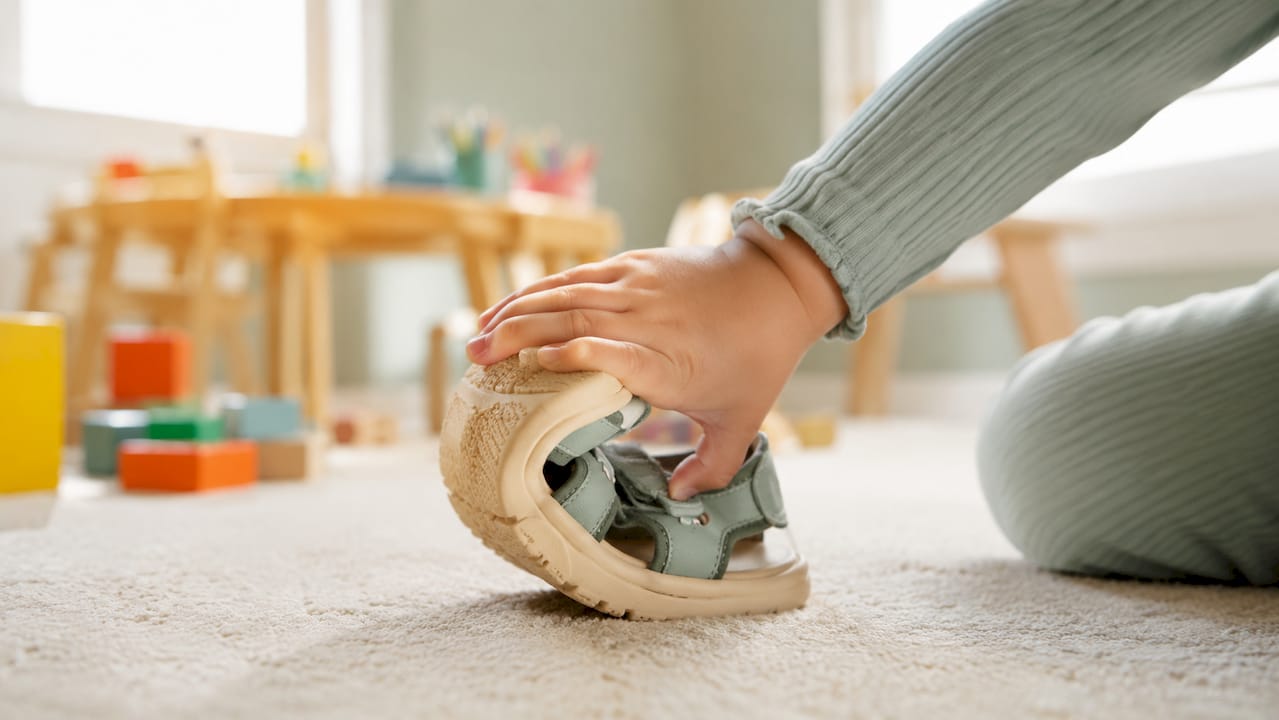 Nahaufnahme: Eine Hand biegt die flexible Sohle einer Sandale