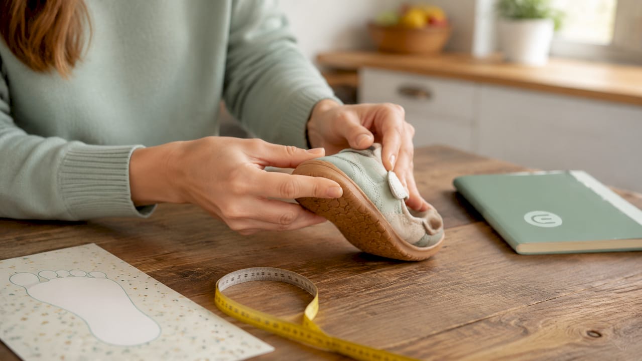 Detailaufnahme eines manuellen Biegetests an einem Kinderschuh