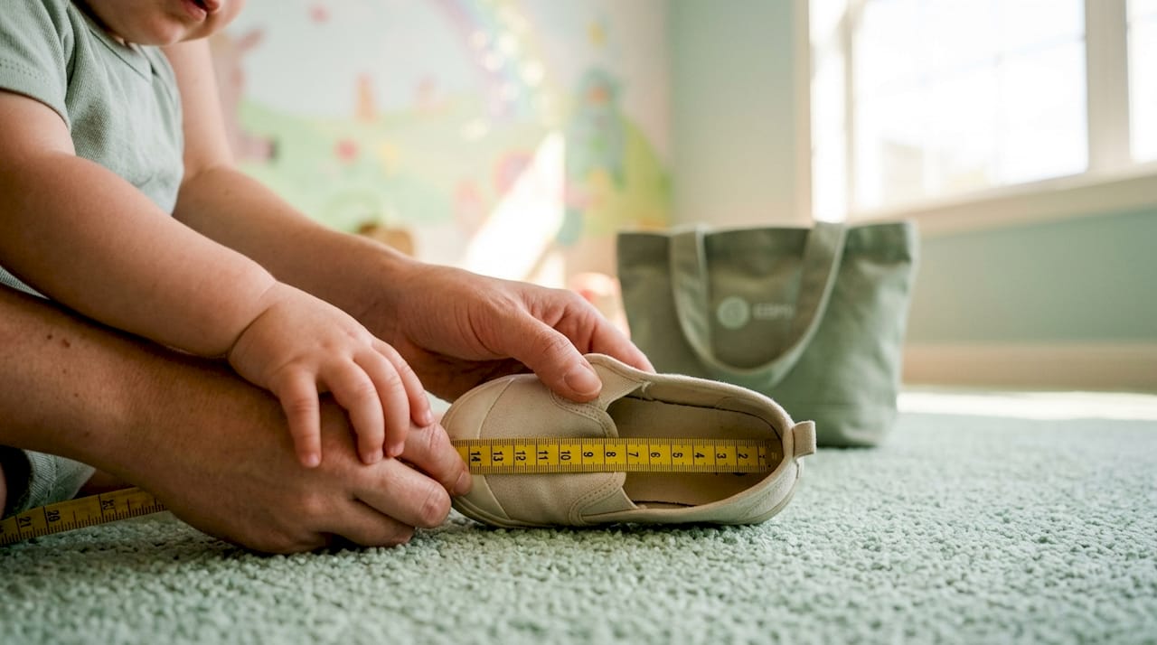 Detailaufnahme: Mit den Händen wird die Innenlänge eines Schuhs gemessen.