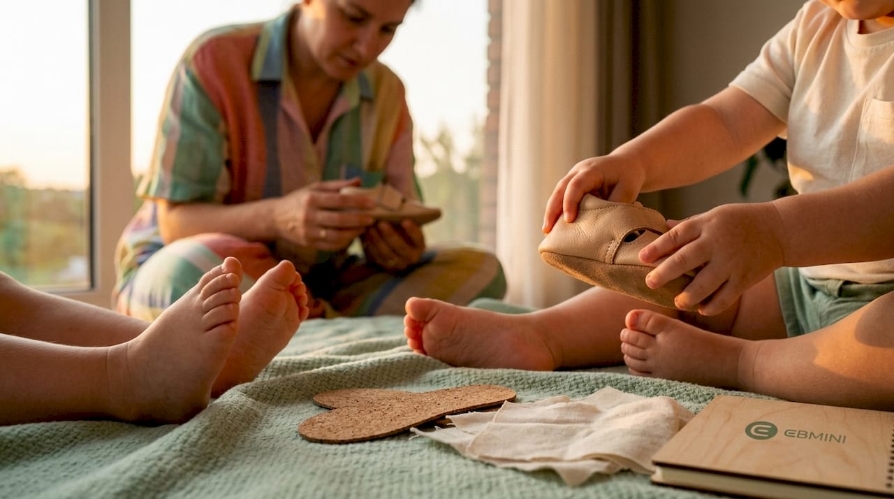 Nahaufnahme von Händen, die weiche Lederschuhe für Kinder sanft biegen.