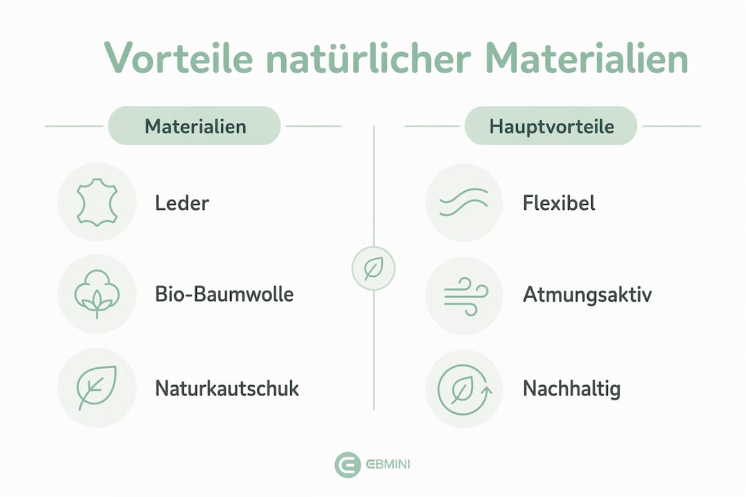 Unsere Infografik veranschaulicht, warum natürliche Materialien bei Kinderschuhen besonders vorteilhaft sind.